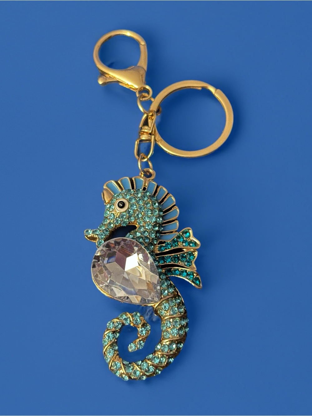 Seahorse Crystal Keychain - Teal & Gold